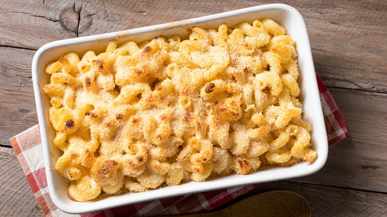 Baked mac and cheese in a casserole dish