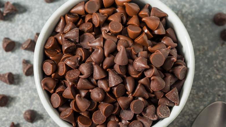 close-up of chocolate chips in a bowl