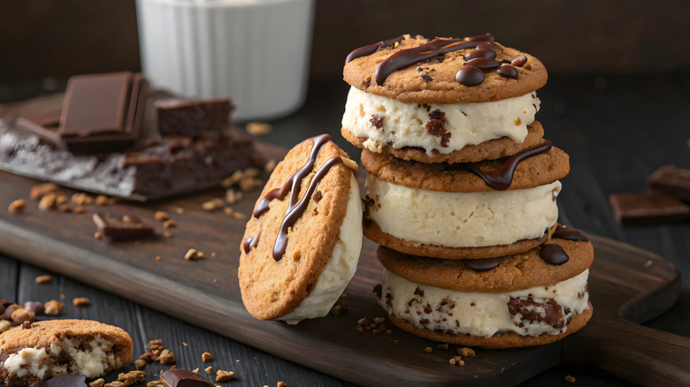 Stacked cookie-based ice cream sandwiches filled with vanilla ice cream and drizzled chocolate