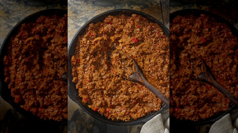 Pan of sloppy Joe meat with a spoon