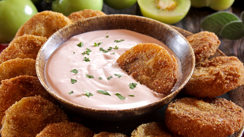 Fried green tomatoes with remoulade sauce.