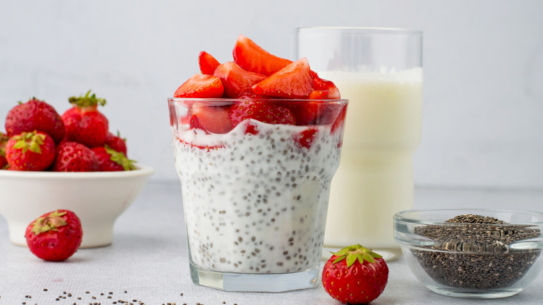 Chia pudding in a glass with strawberries