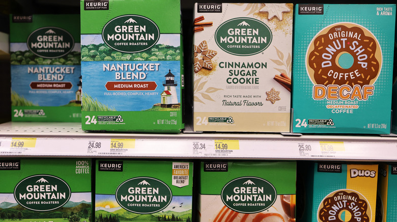 boxes of prepackaged Keurig cups