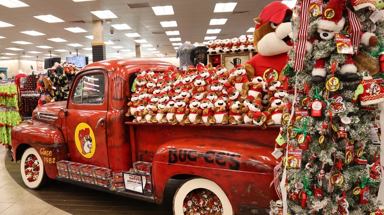 Buc-ee's mascots on a truck display