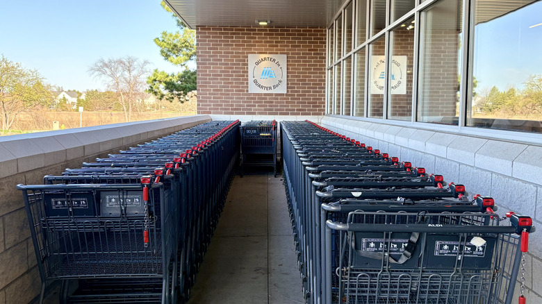 Shopping carts lined up outside an Aldi store