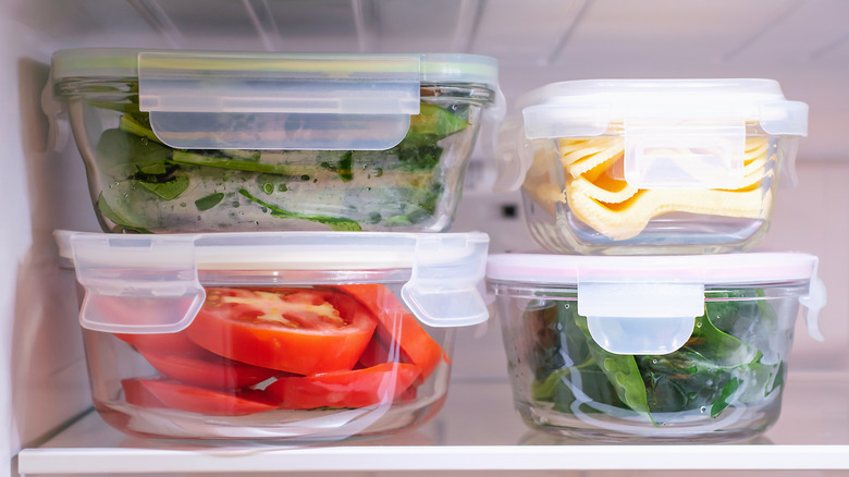 vegetables in glass containers in the fridge