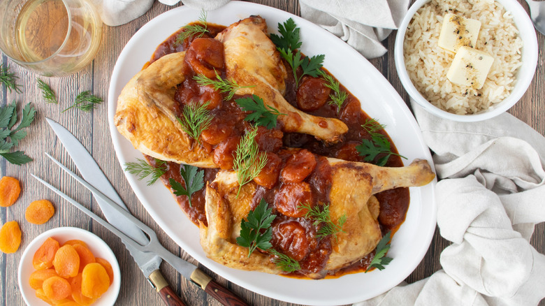 chicken in a reddish-brown sauce with green herbs on a white plate