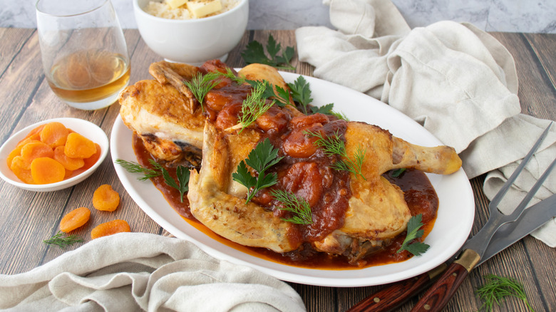 chicken in a reddish-brown sauce with green herbs on a white plate