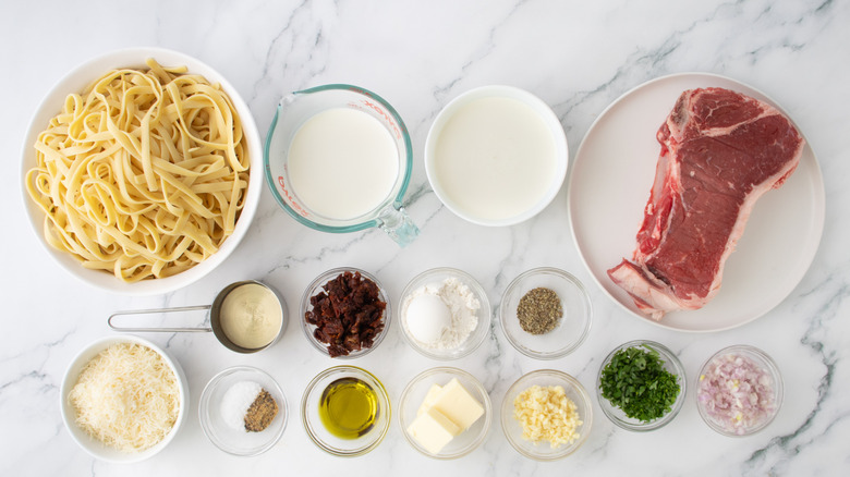 noodles, raw meat, milk, cheese, and seasonings