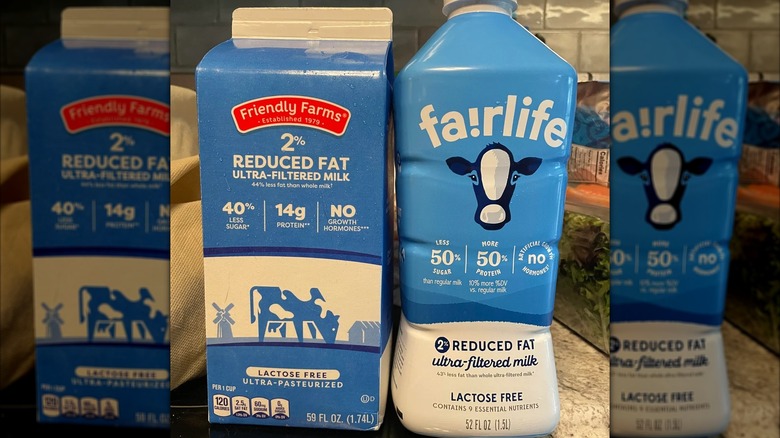 Aldi ultra filtered milk carton next to a container of Fairlife milk.