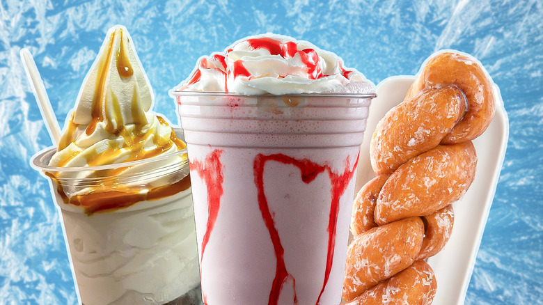 Milkshake, ice cream sundae, and cinnamon twist