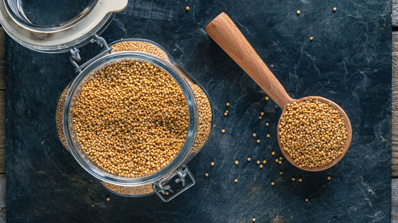 A jar and a spoonful of mustard seeds are photographed from overhead.