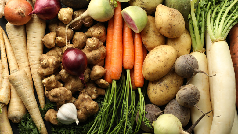 A close-up of a display of various root vegetables