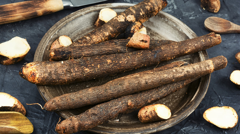 Salsify root vegetables on rustic plate