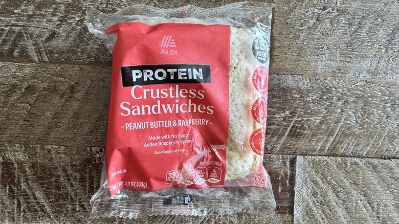 Aldi peanut butter sandwich on a wooden surfa ce