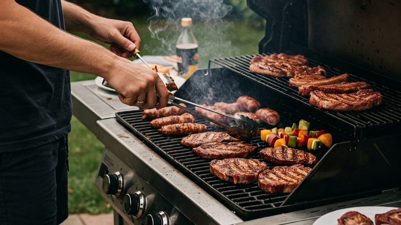 Person using tongs to flip burgers, ribs, and vegetables on a gas grill