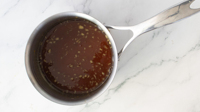 Brown sugar syrup in saucepan