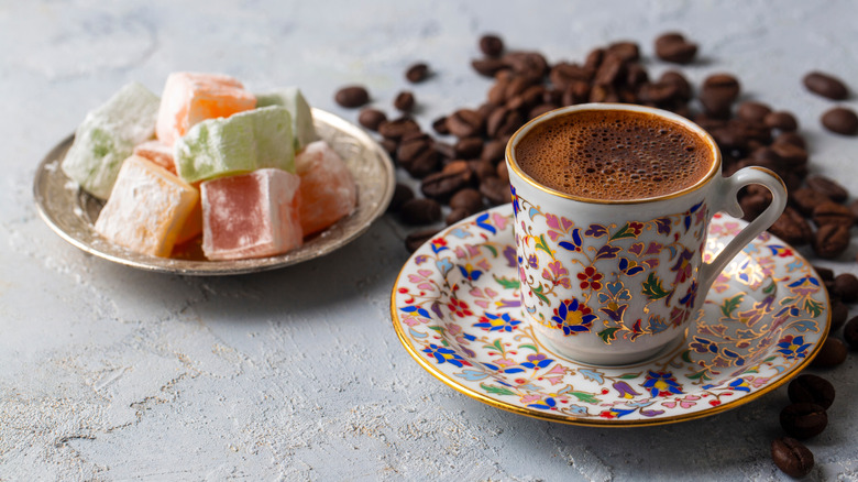 Turkish coffee with a plate of Turkish delights