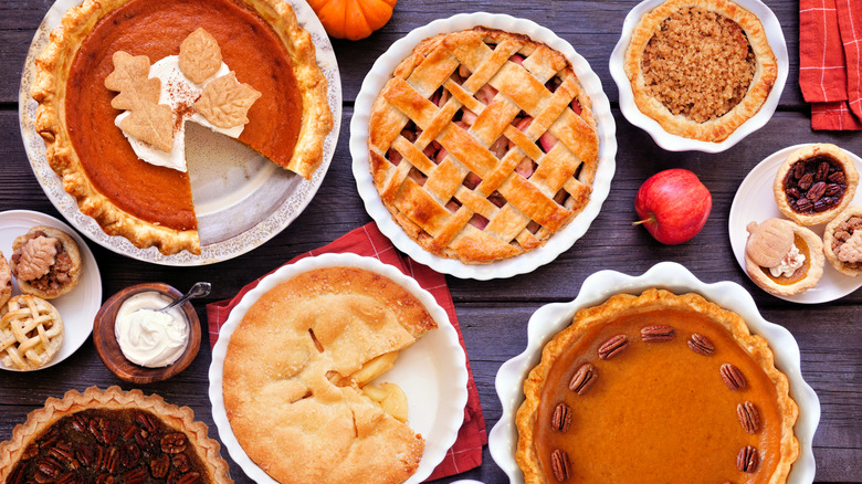Table filled with apple, pumpkin, and pecan pies