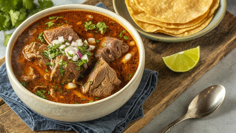 A bowl of beef stew accompanied by tortillas.