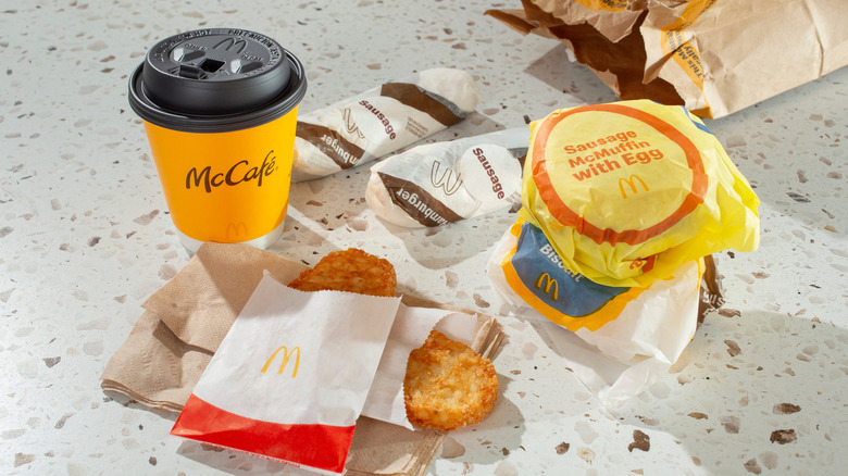 McDonald's hash browns, McMuffins, and coffee