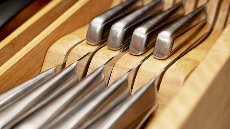 Close-up photo of knives in an in-drawer knife block