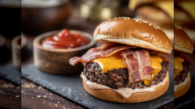 A cheeseburger topped with bacon with a side of ketchup