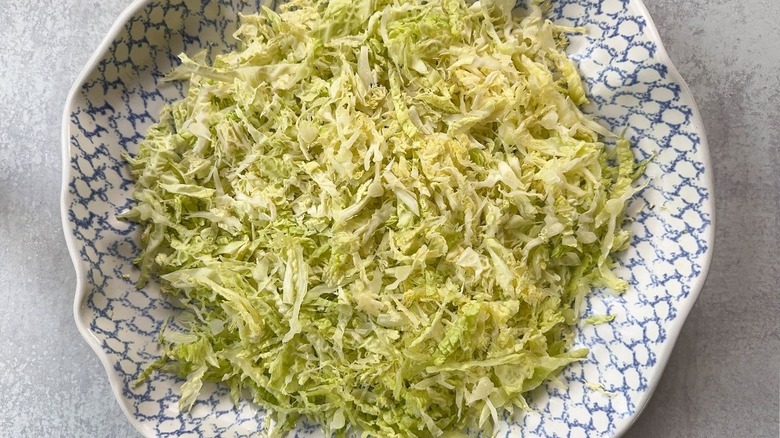 Shredded cabbage in a shallow serving bowl