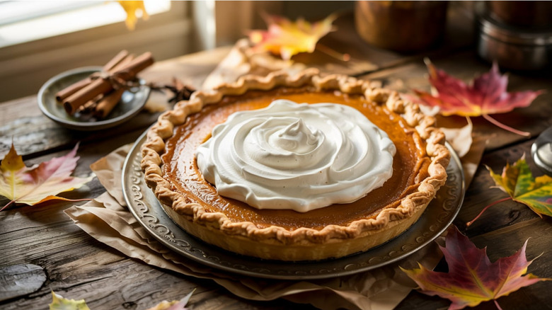 A pumpkin pie is topped with whipped cream in an autumnal setting.