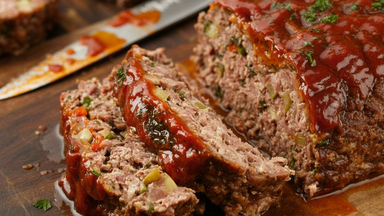 Sliced meatloaf topped with ketchup and herbs