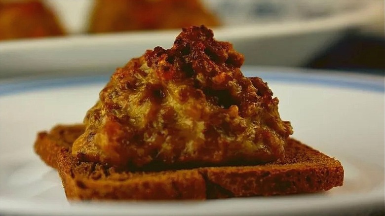 Close-up of one hanky panky appetizer on a white plate