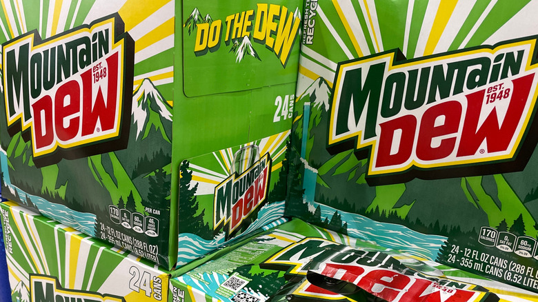 Mountain Dew boxes of the canned variety.
