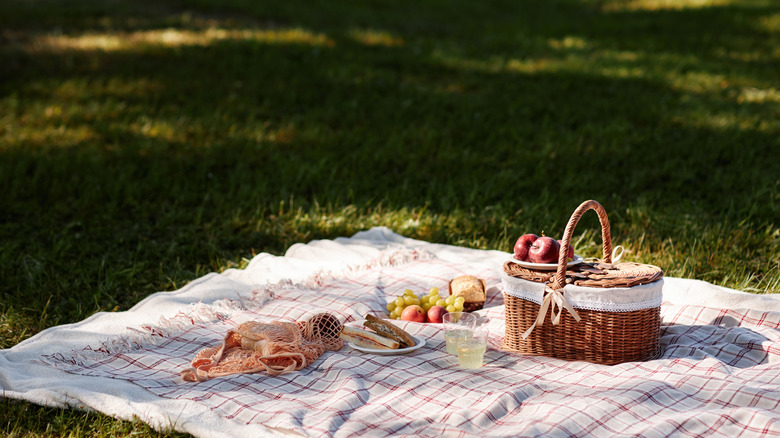 picnic basket and food on a blanket