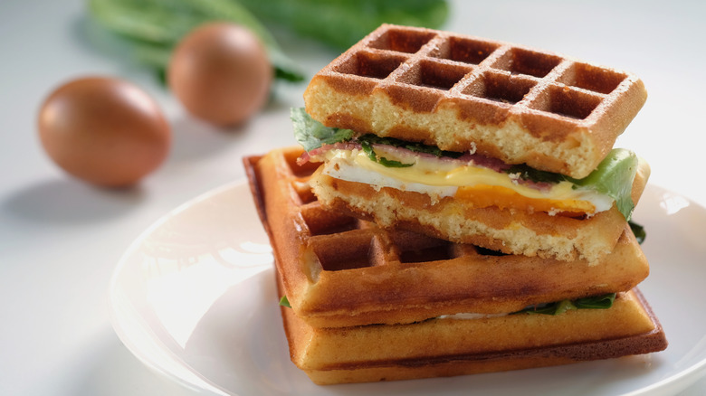 A breakfast sandwich has been made with eggs and waffles and placed on a white plate.