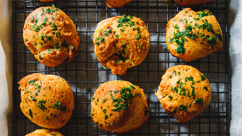Cheddar Bay biscuits on an oven rack