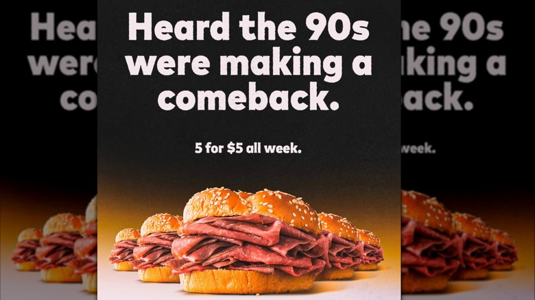 An ad showcasing the return of Arby's 5 for $5 deal from 2023