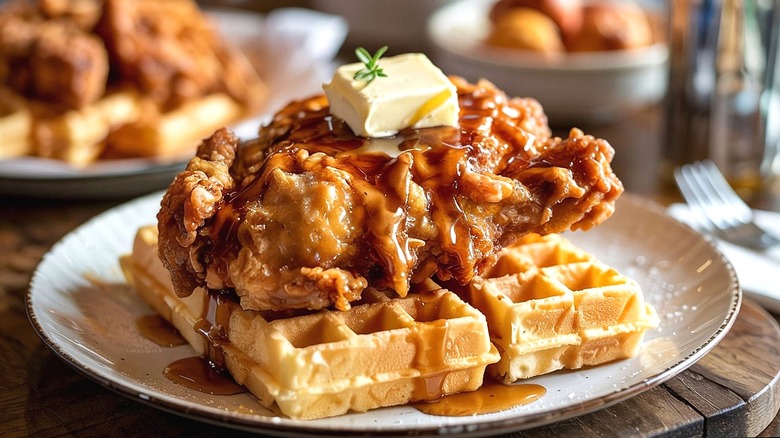 A large waffle topped with fried chicken, butter, and maple syrup on a white plate
