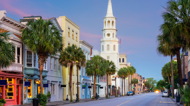 Photo of Charleston's colorful downtown at sunset
