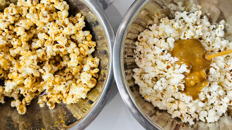 Two bowls of popcorn with caramel sauce