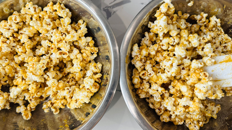 Two bowls of caramel popcorn