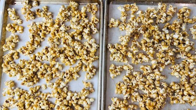 Caramel popcorn on baking sheets