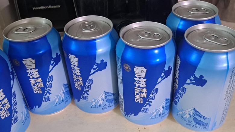 cans of Snow beer sitting on a white surface
