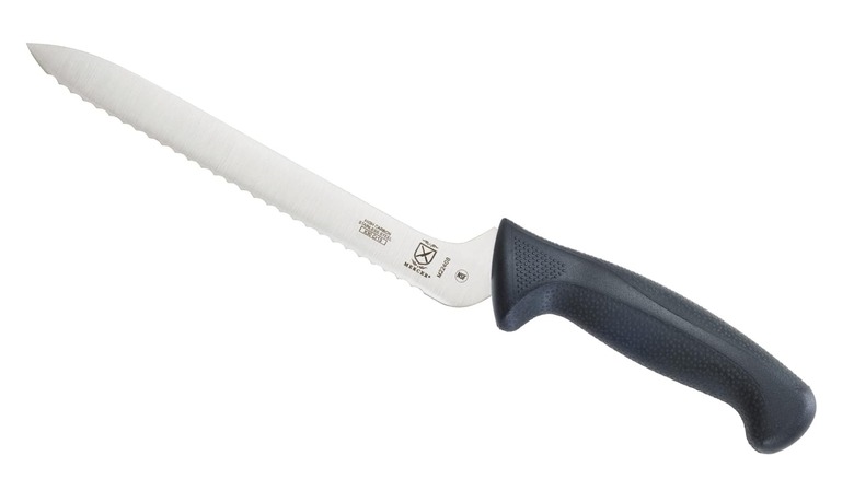 Mercer culinary offset serrated knife on a white background