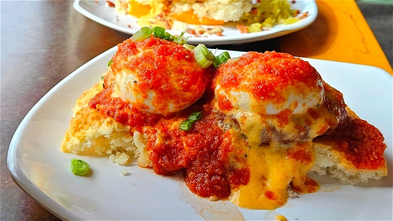 Tomato gravy over eggs Benedict.