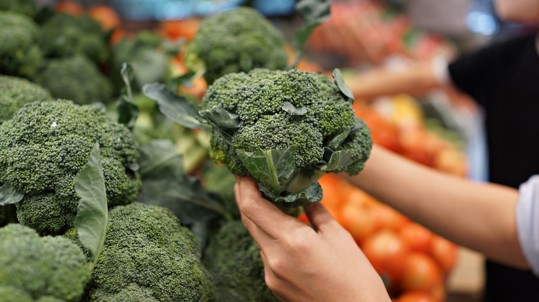 Person's hand holding a head of broccoli at a grocery store product section.