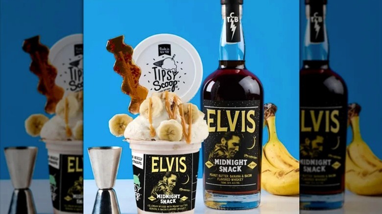 A bottle of Elvis Midnight Snack whiskey next to a tub of peanut butter-banana ice cream.