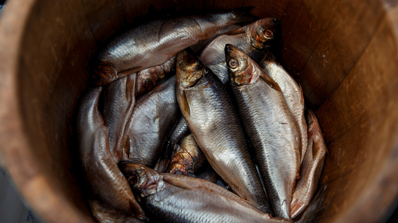 fish in a wooden barrel
