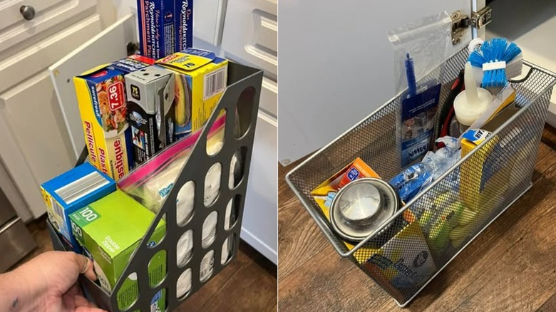 Kitchen items inside magazine holders