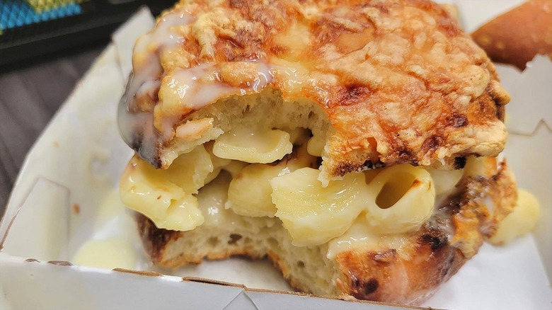 Asiago bagel from Panera Bread stuffed with macaroni and cheese