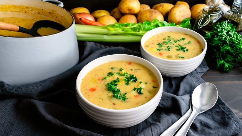 vegetable soup with potatoes in the background